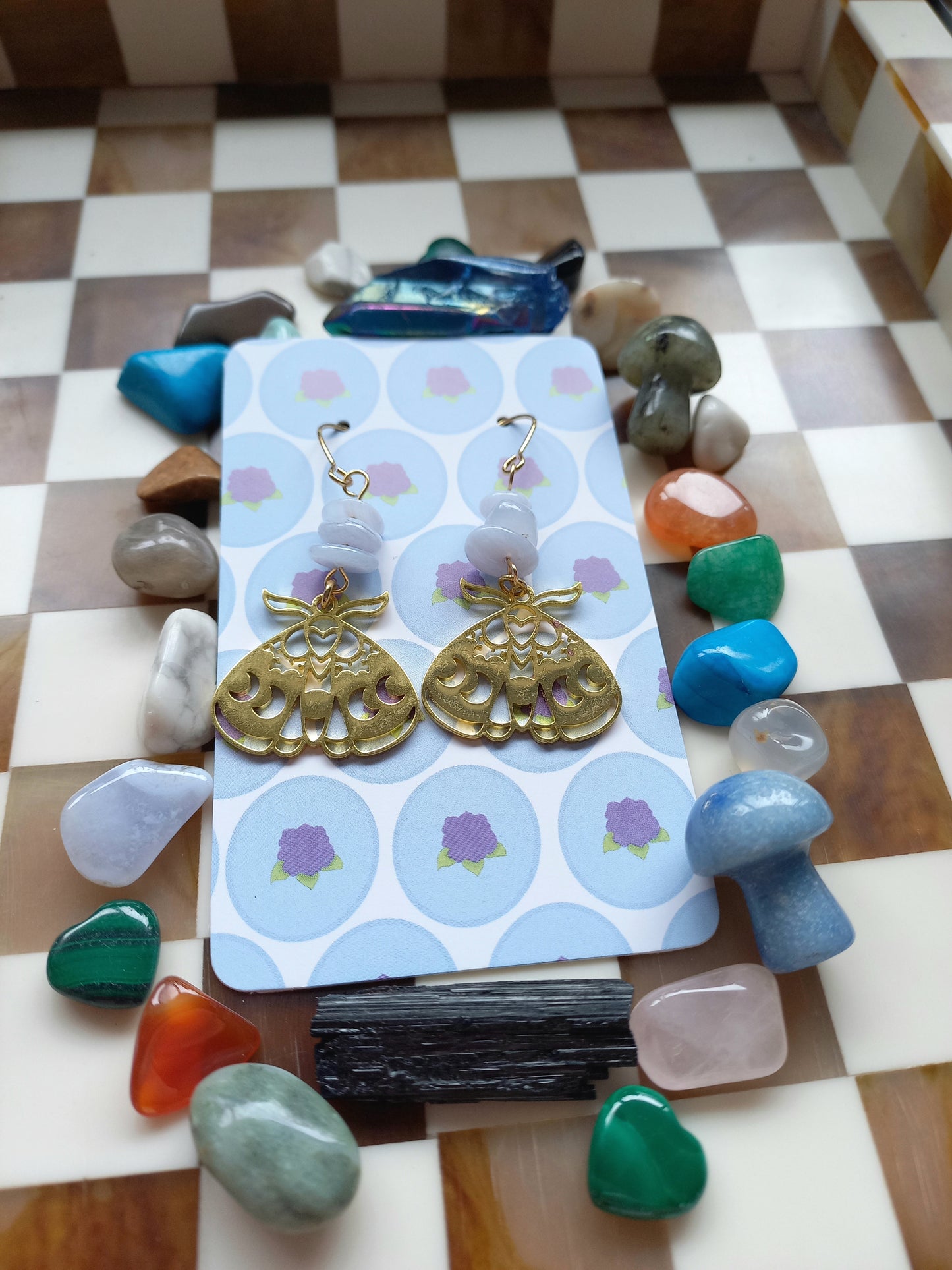 🦋 Blue Lace Agate Celestial Moth Earrings ✨