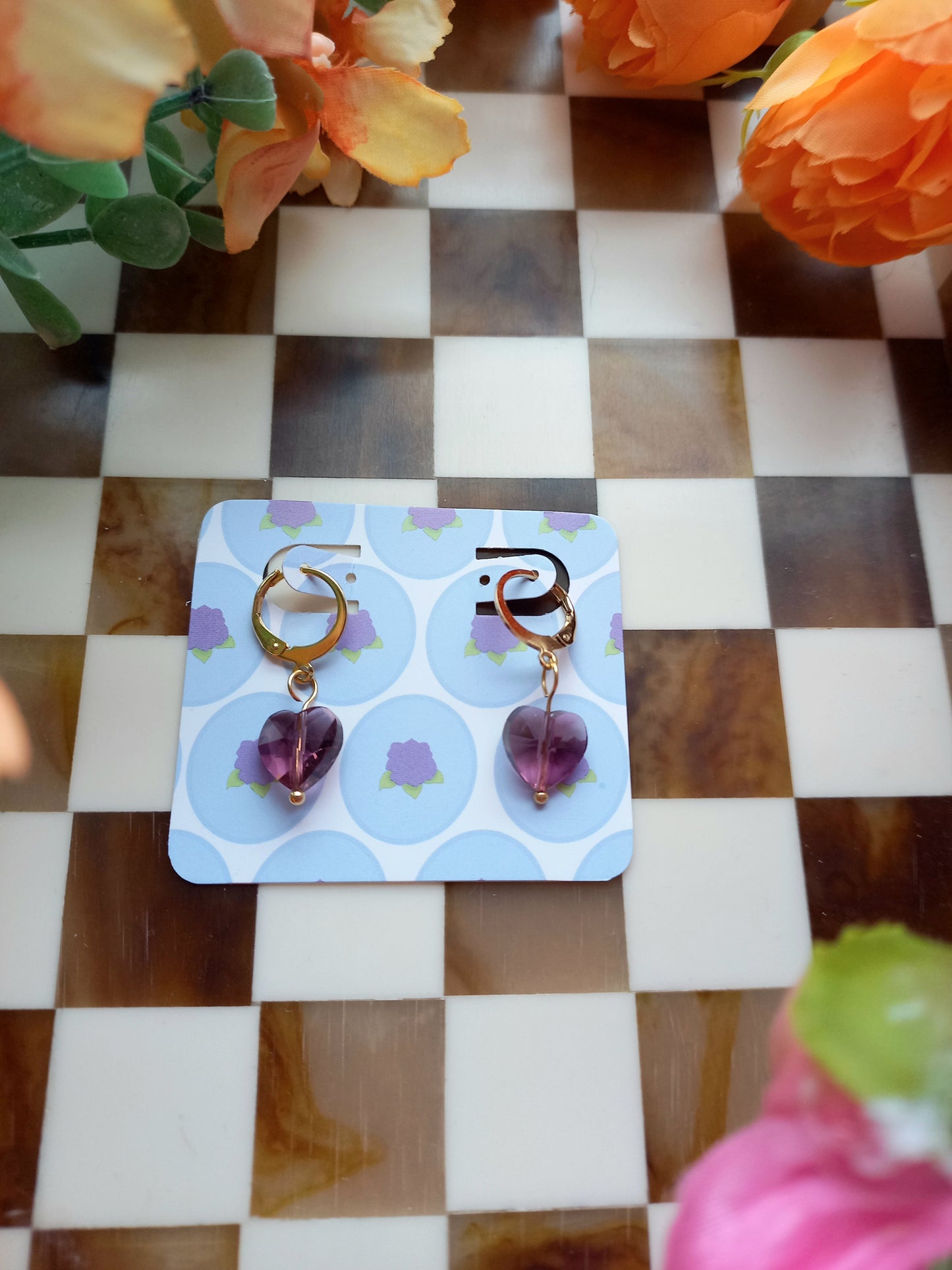Purple Faceted Heart Huggie Earrings