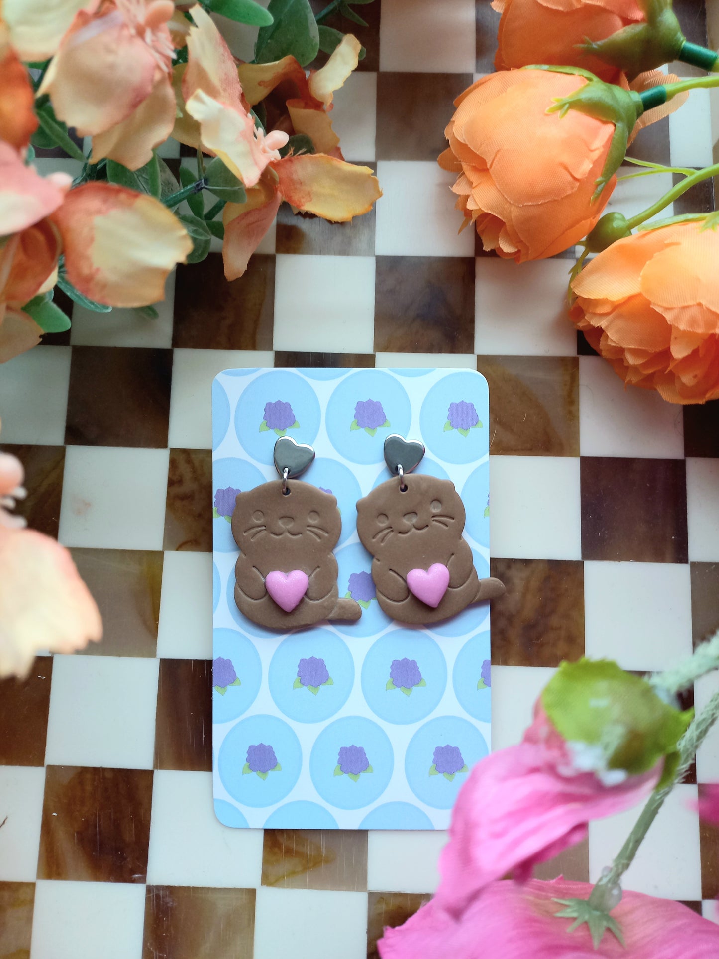 Brown Otter Heart Earrings
