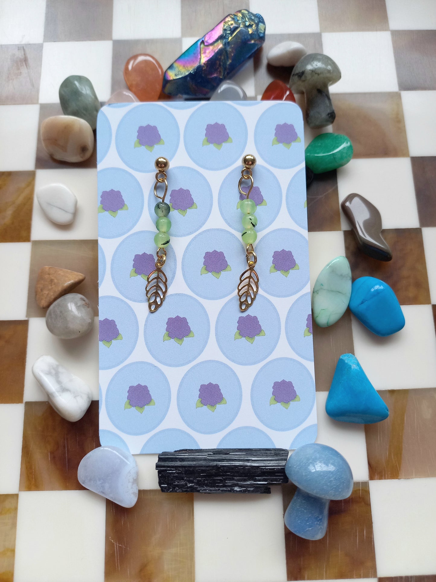 🍃 Prehnite Earrings with Leaf ✨