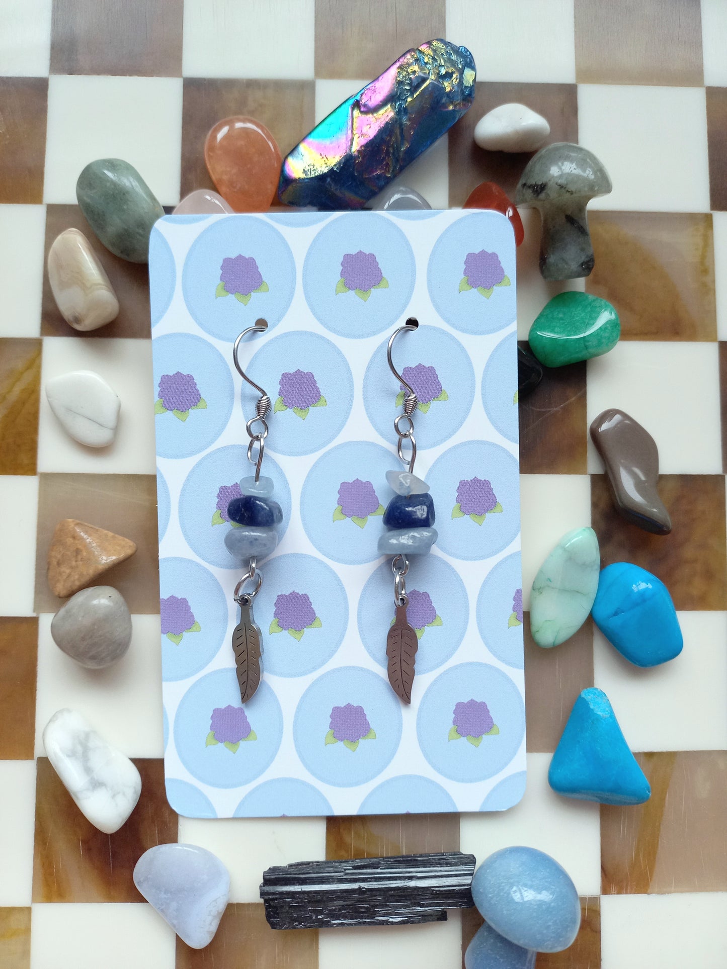 ✨ Blue Aventurine Earrings with Feather Charm 🌊