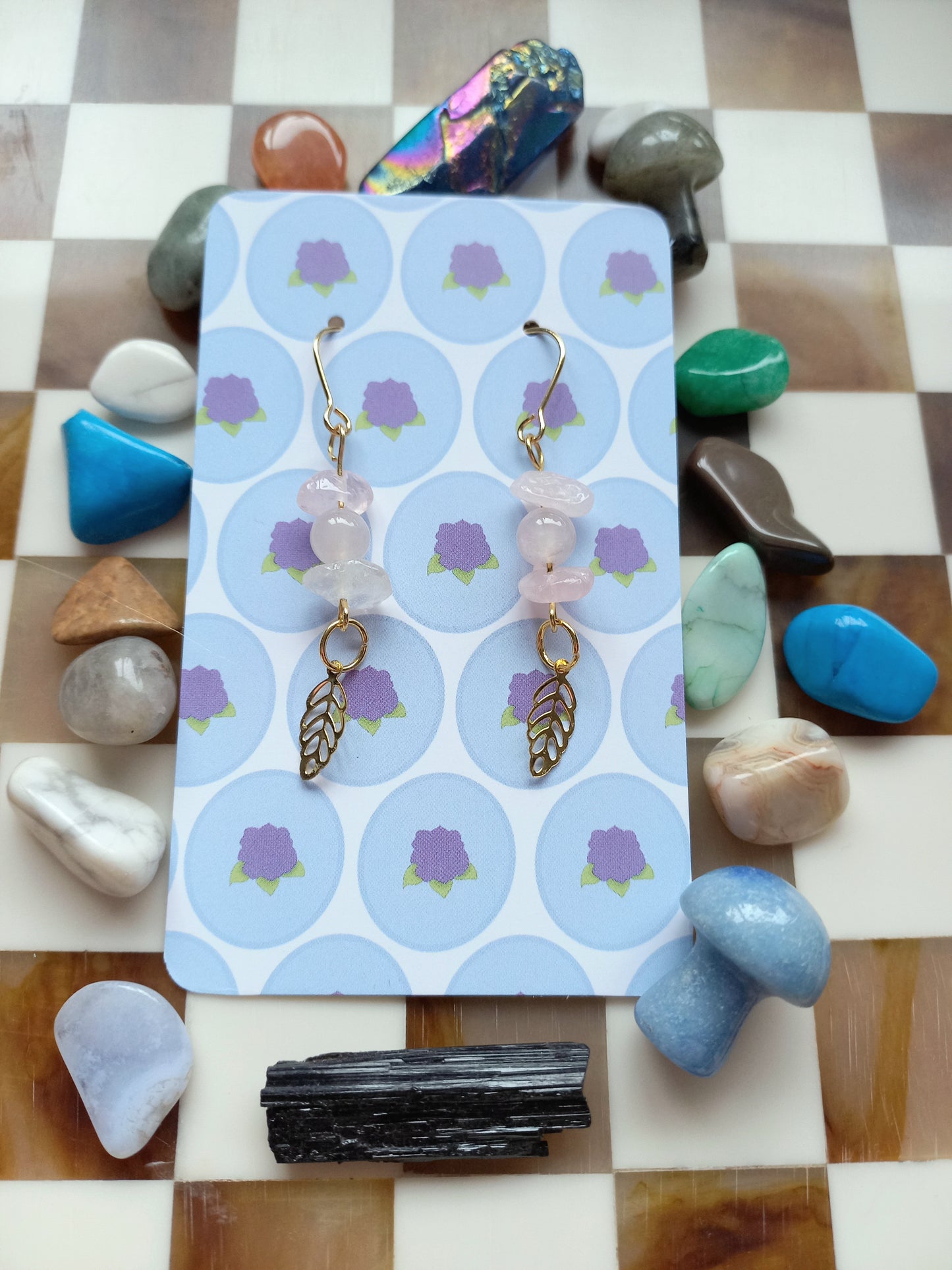💗 Rose Quartz Leaf Earrings 🌿