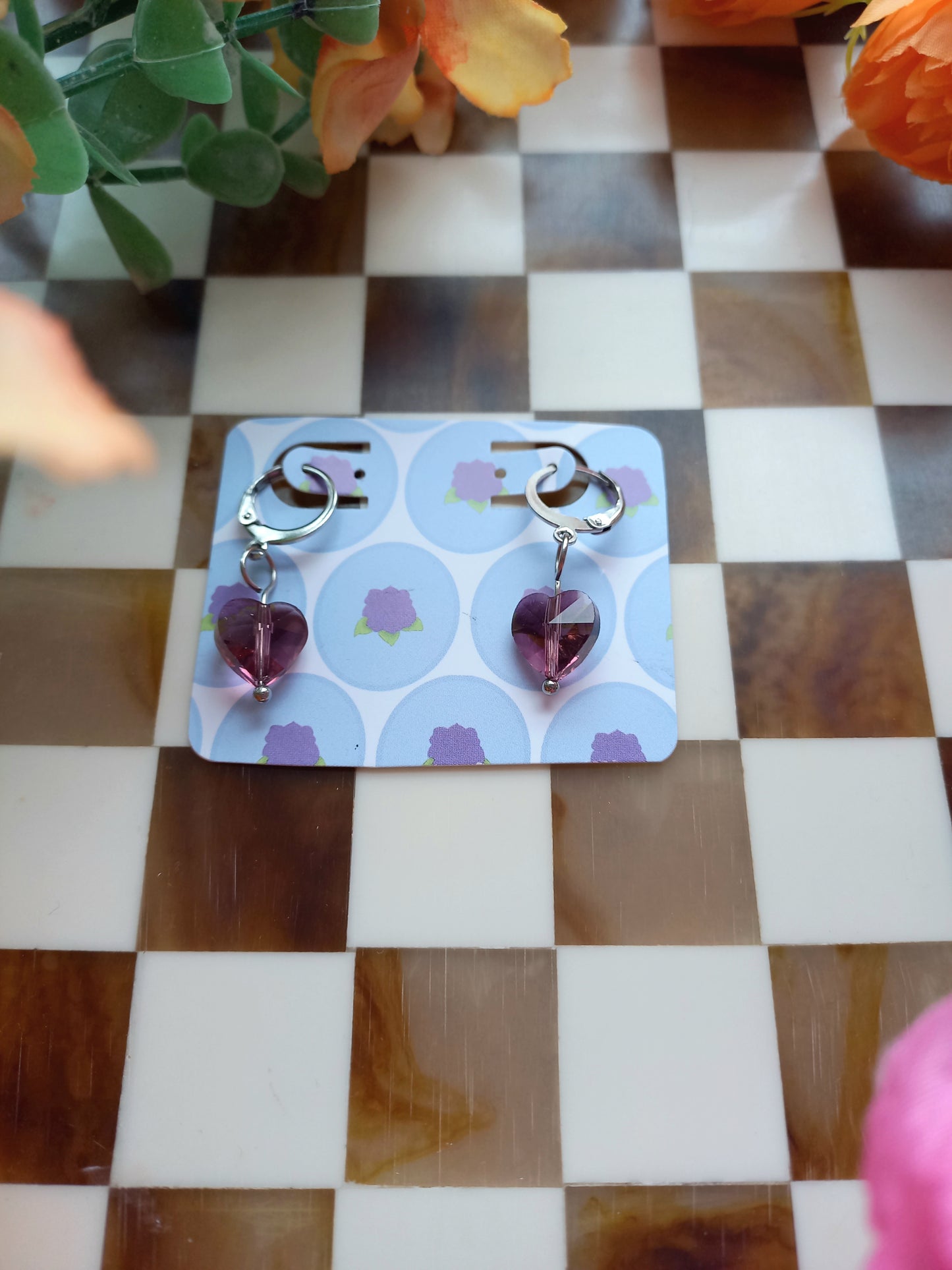 Purple Faceted Heart Huggie Earrings