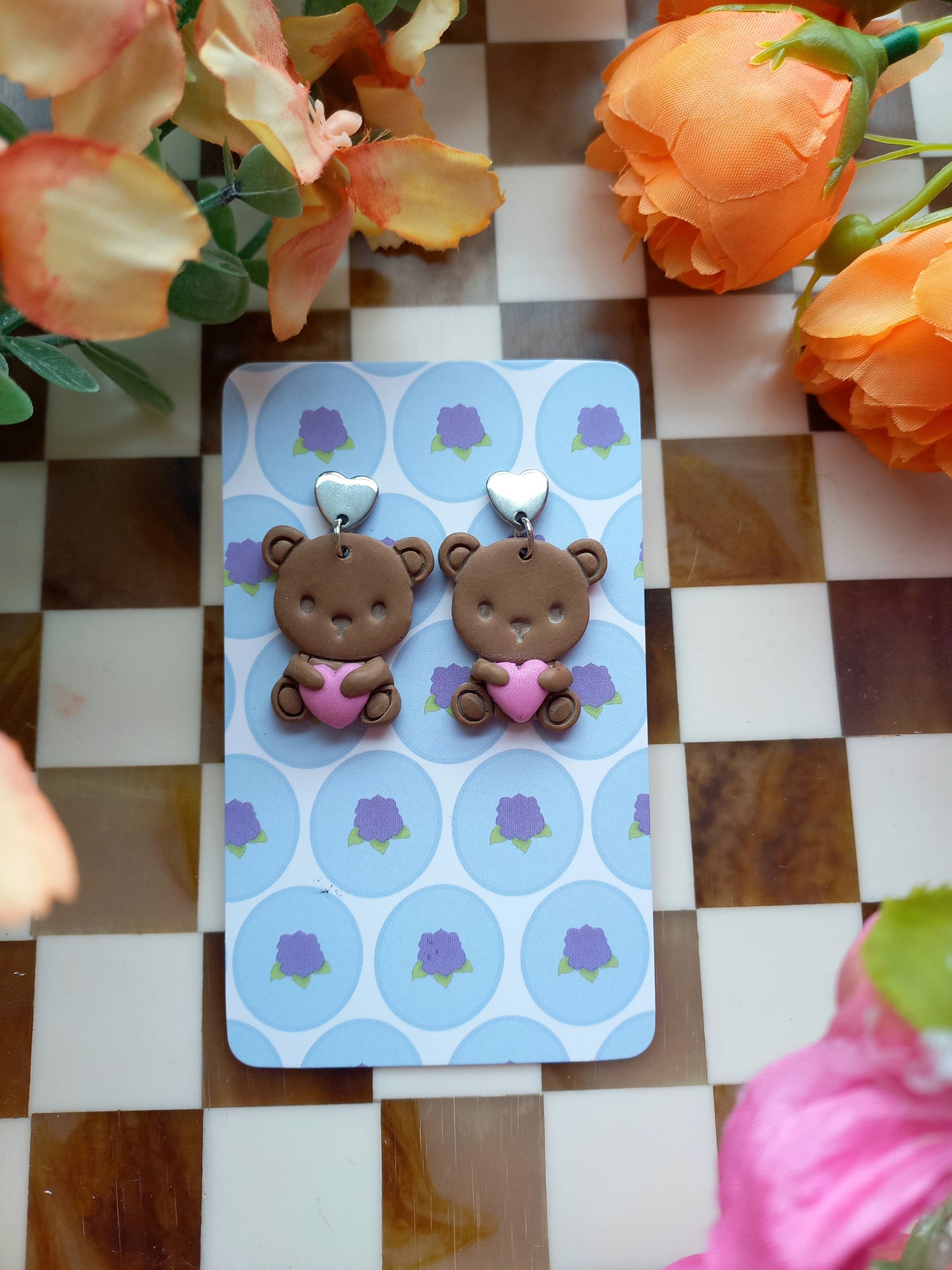 Brown Teddy Bear Heart Earrings