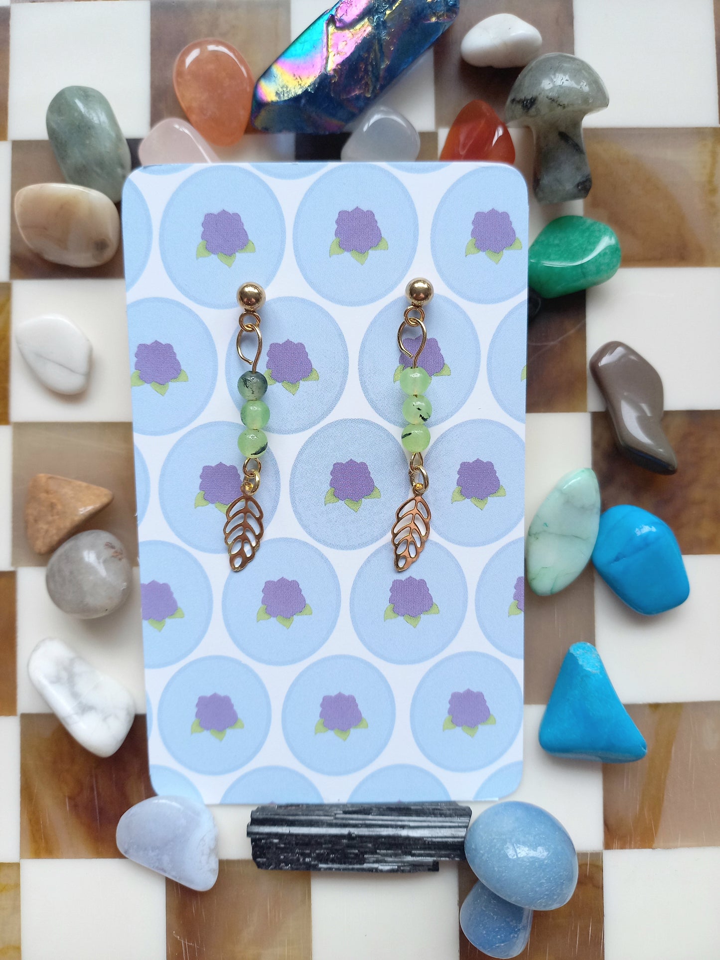 🍃 Prehnite Earrings with Leaf ✨