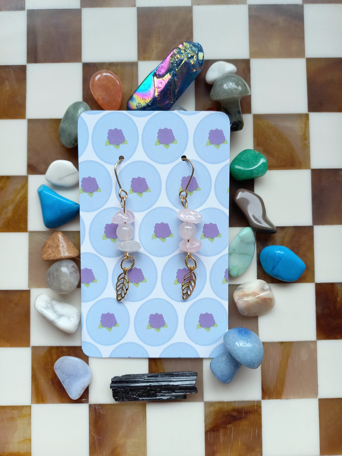 💗 Rose Quartz Leaf Earrings 🌿