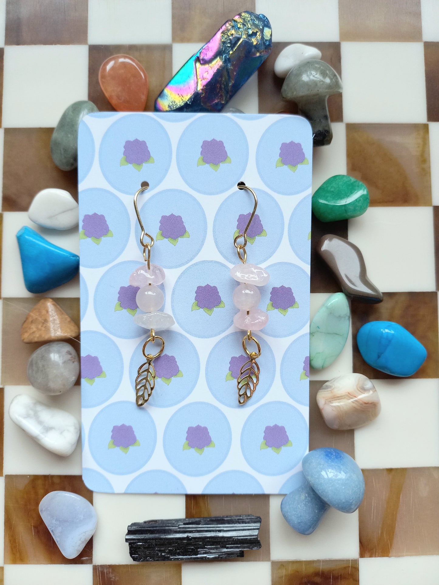 💗 Rose Quartz Leaf Earrings 🌿