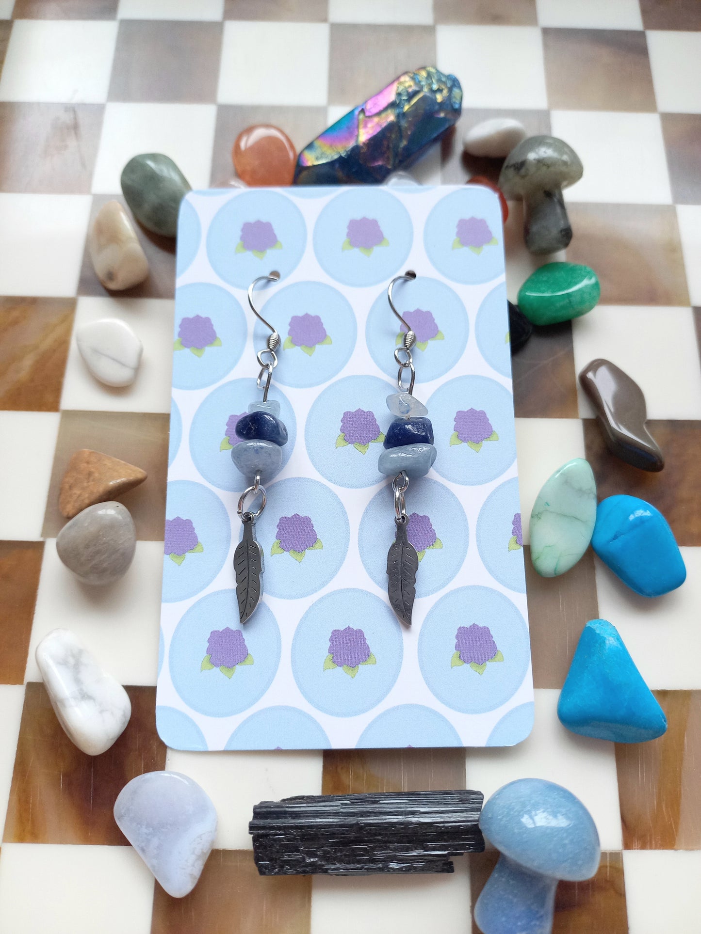 ✨ Blue Aventurine Earrings with Feather Charm 🌊