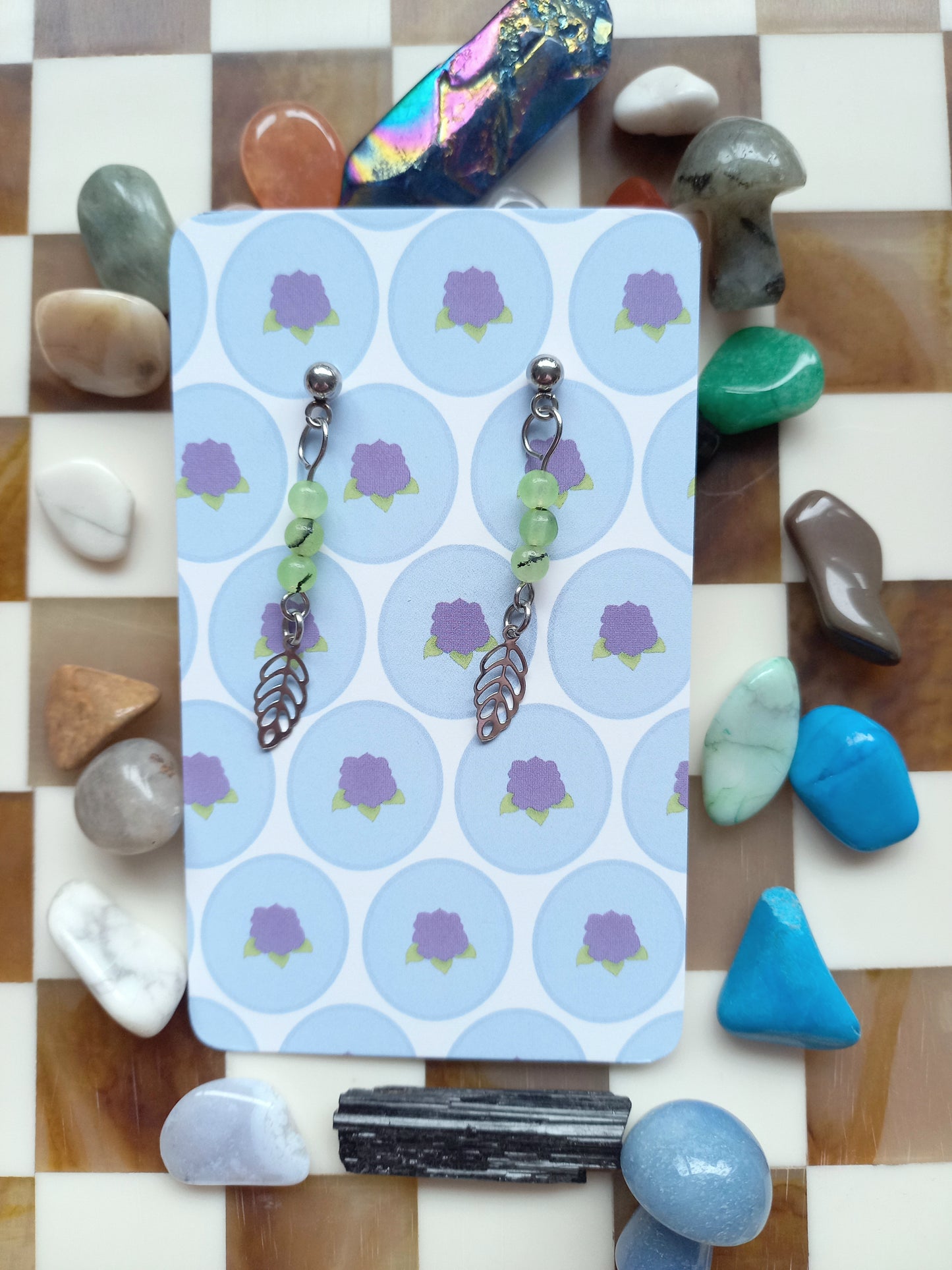 🍃 Prehnite Earrings with Leaf ✨