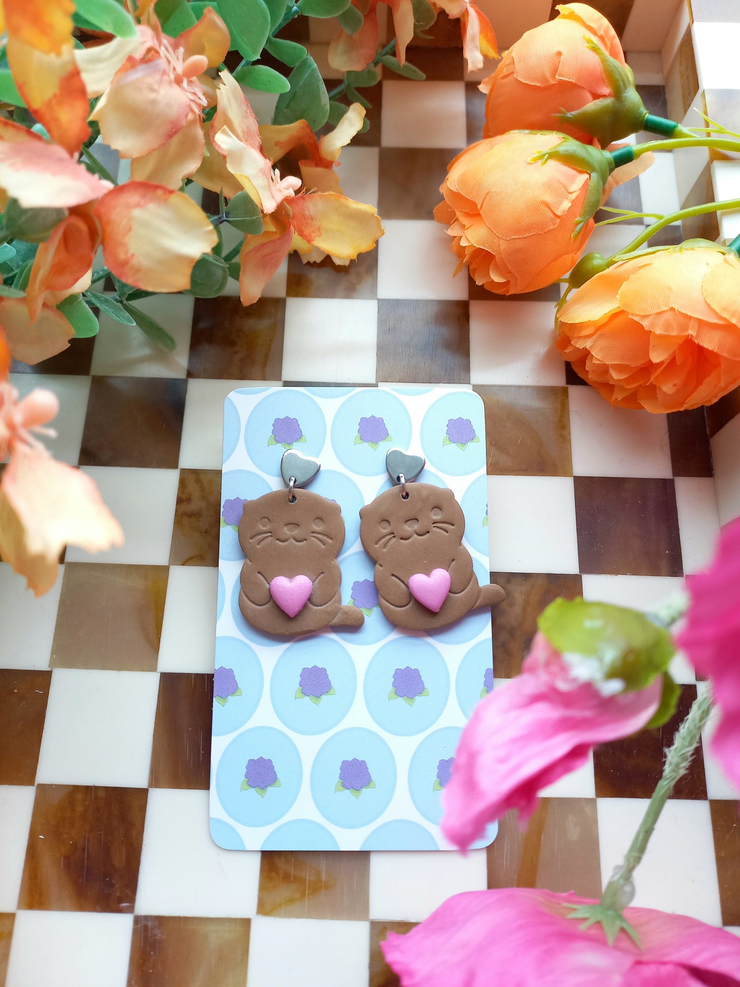 Brown Otter Heart Earrings