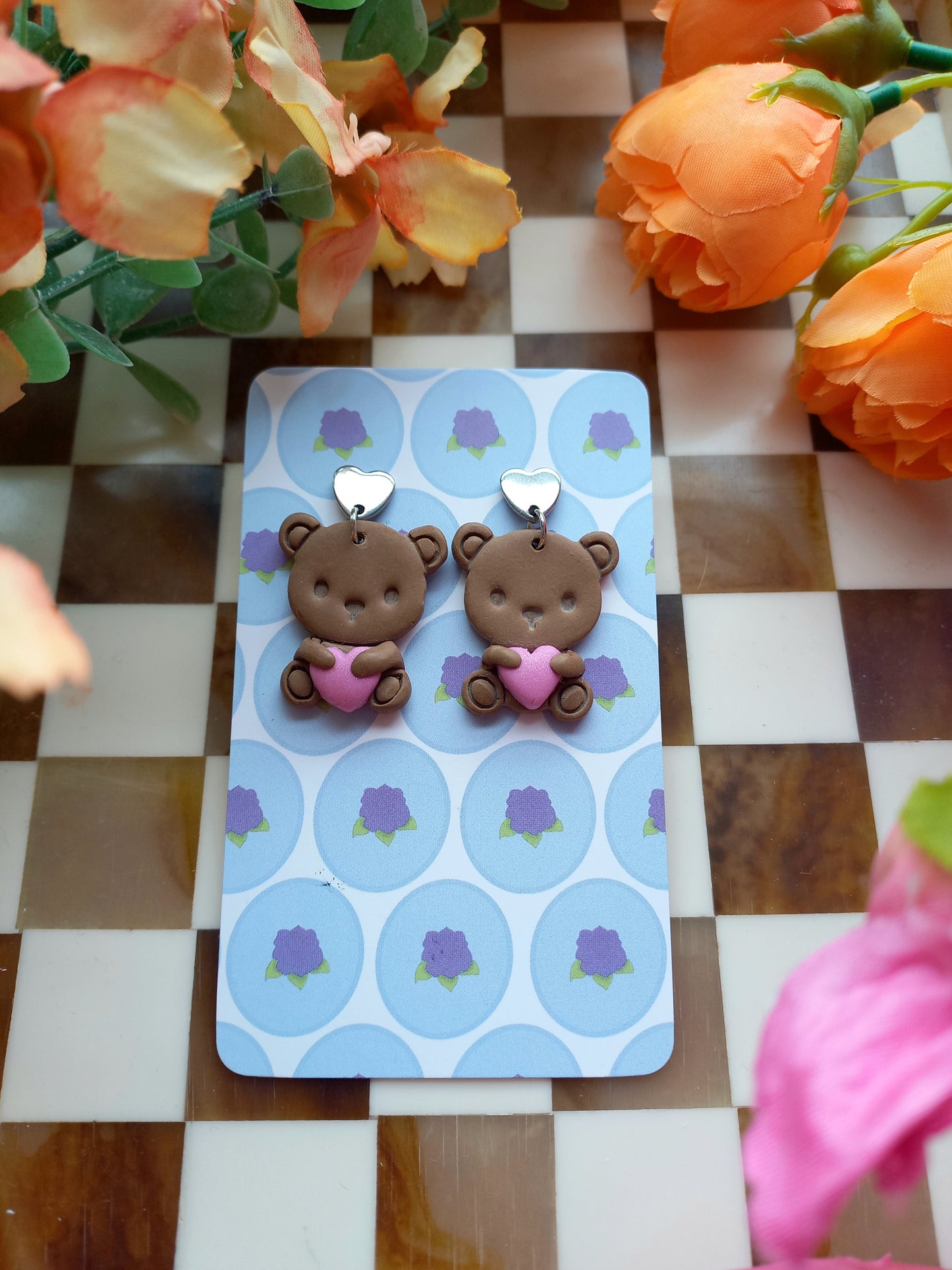 Brown Teddy Bear Heart Earrings