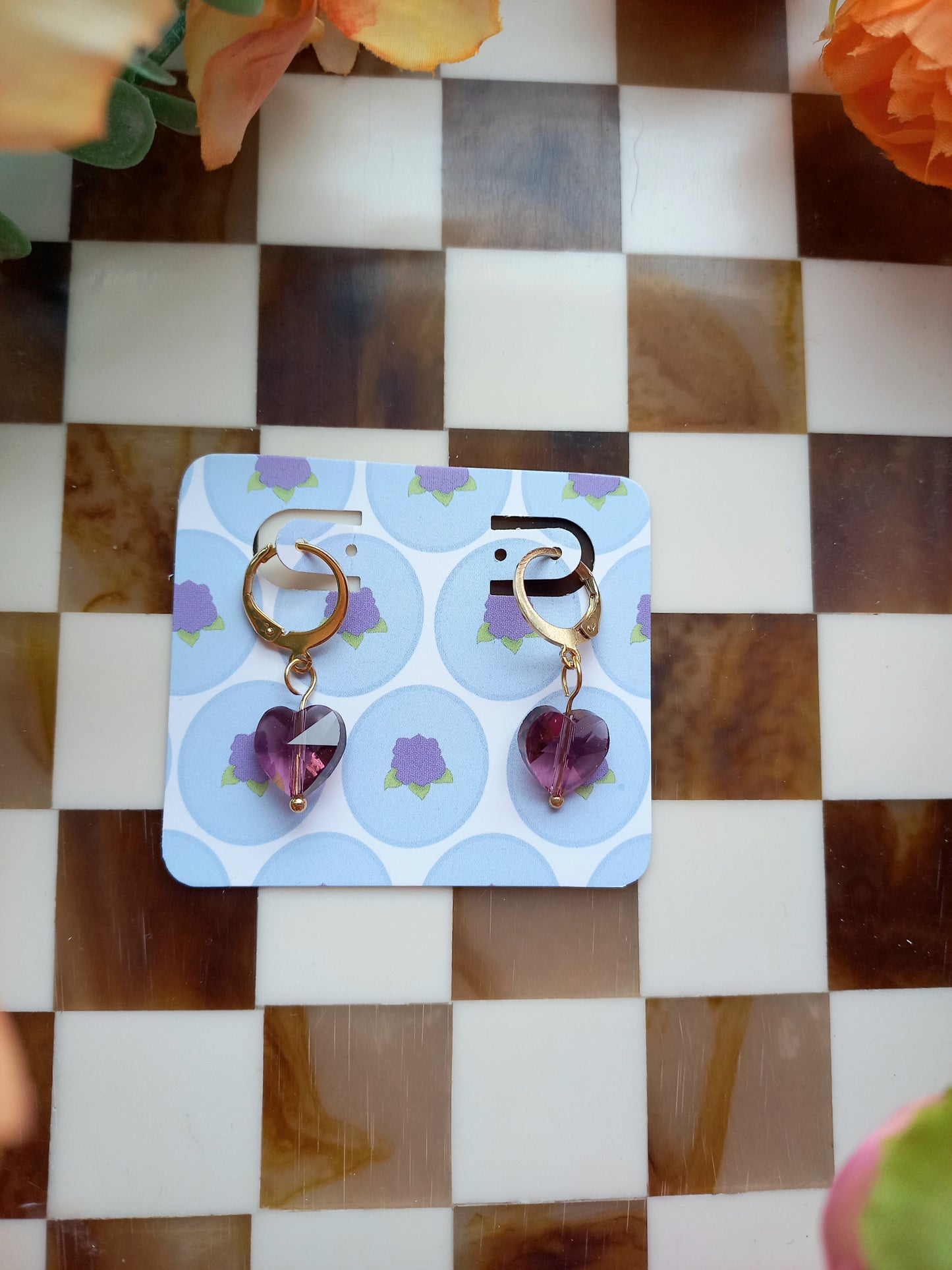 Purple Faceted Heart Huggie Earrings