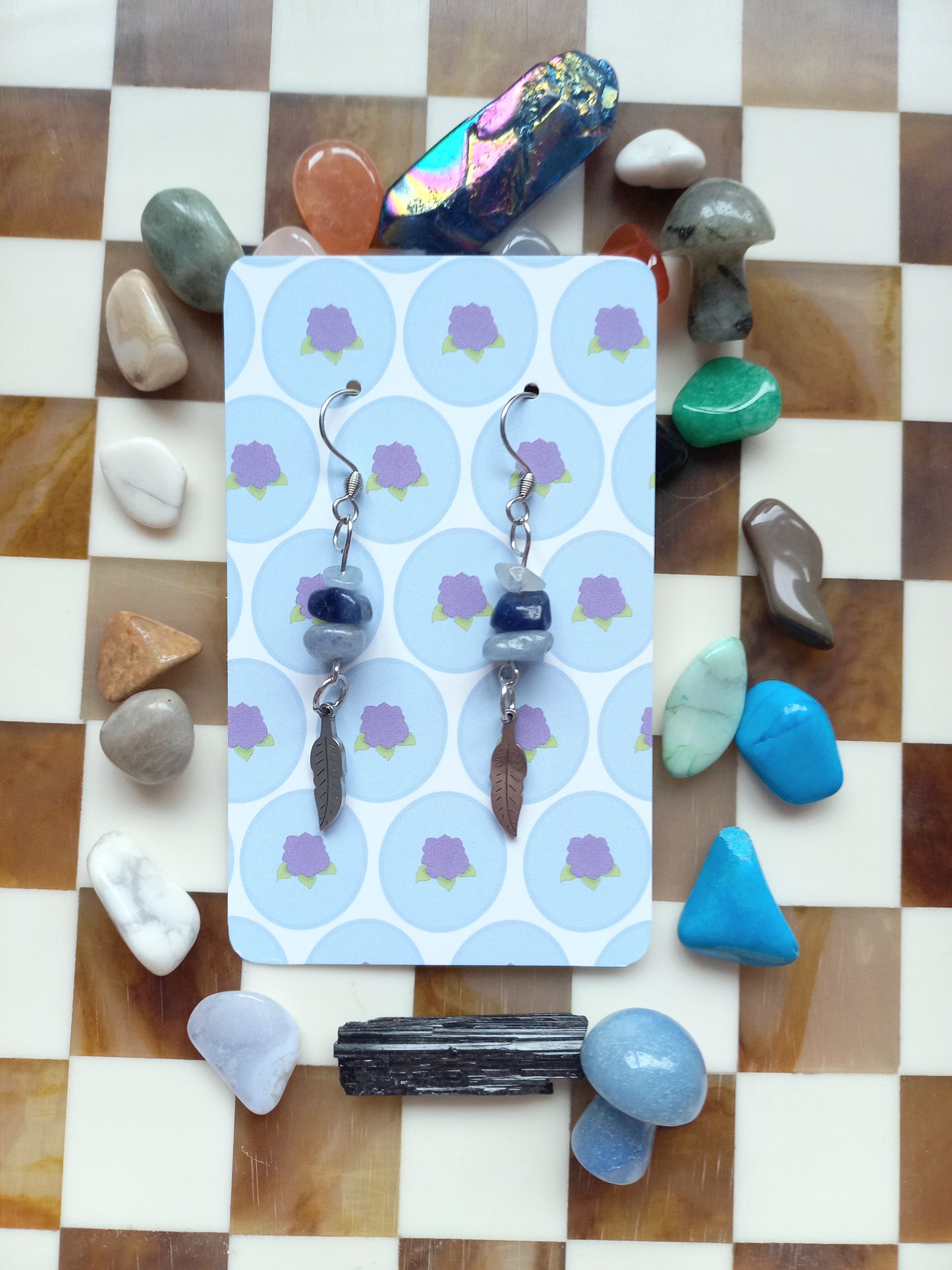 ✨ Blue Aventurine Earrings with Feather Charm 🌊