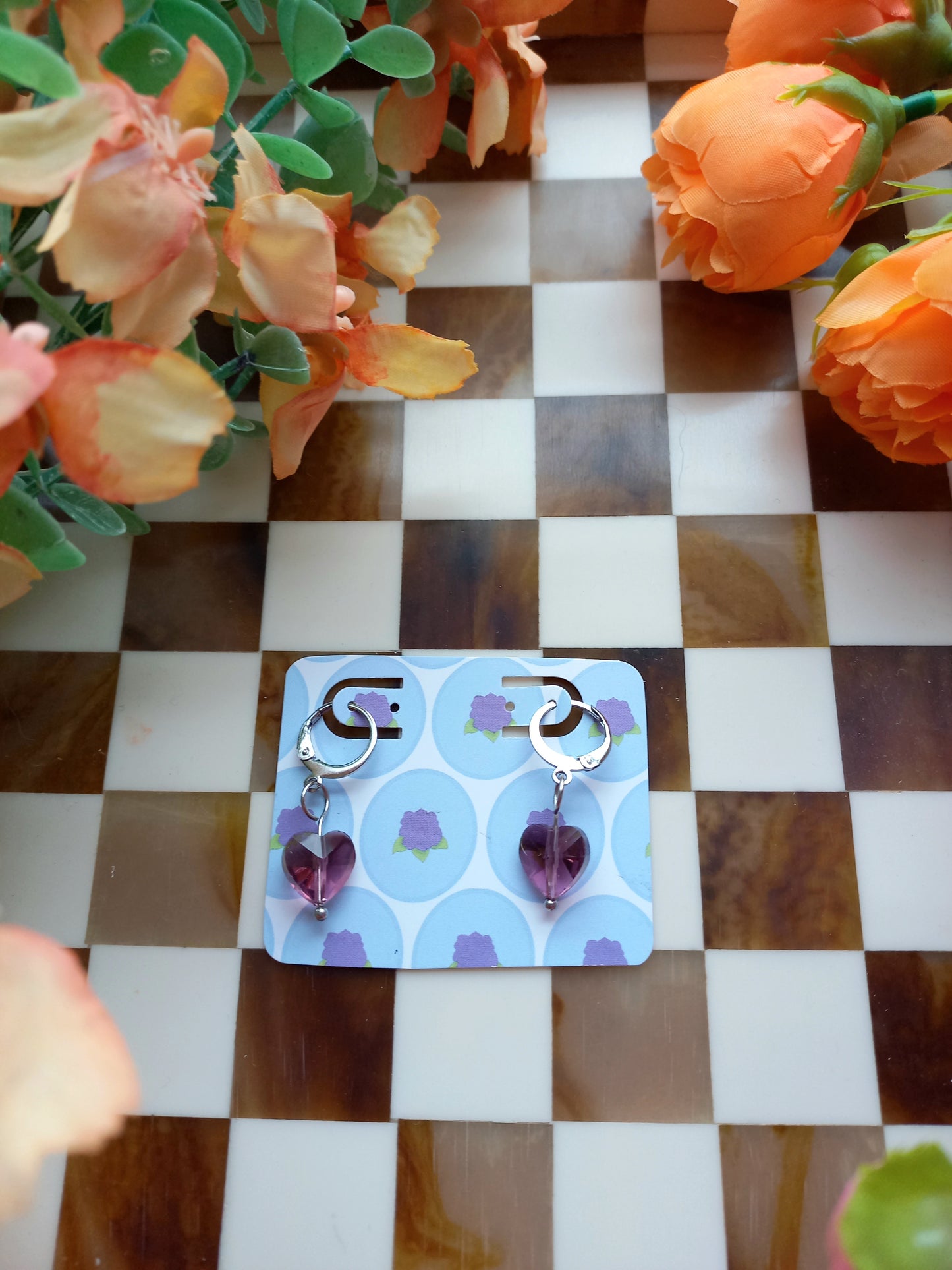 Purple Faceted Heart Huggie Earrings