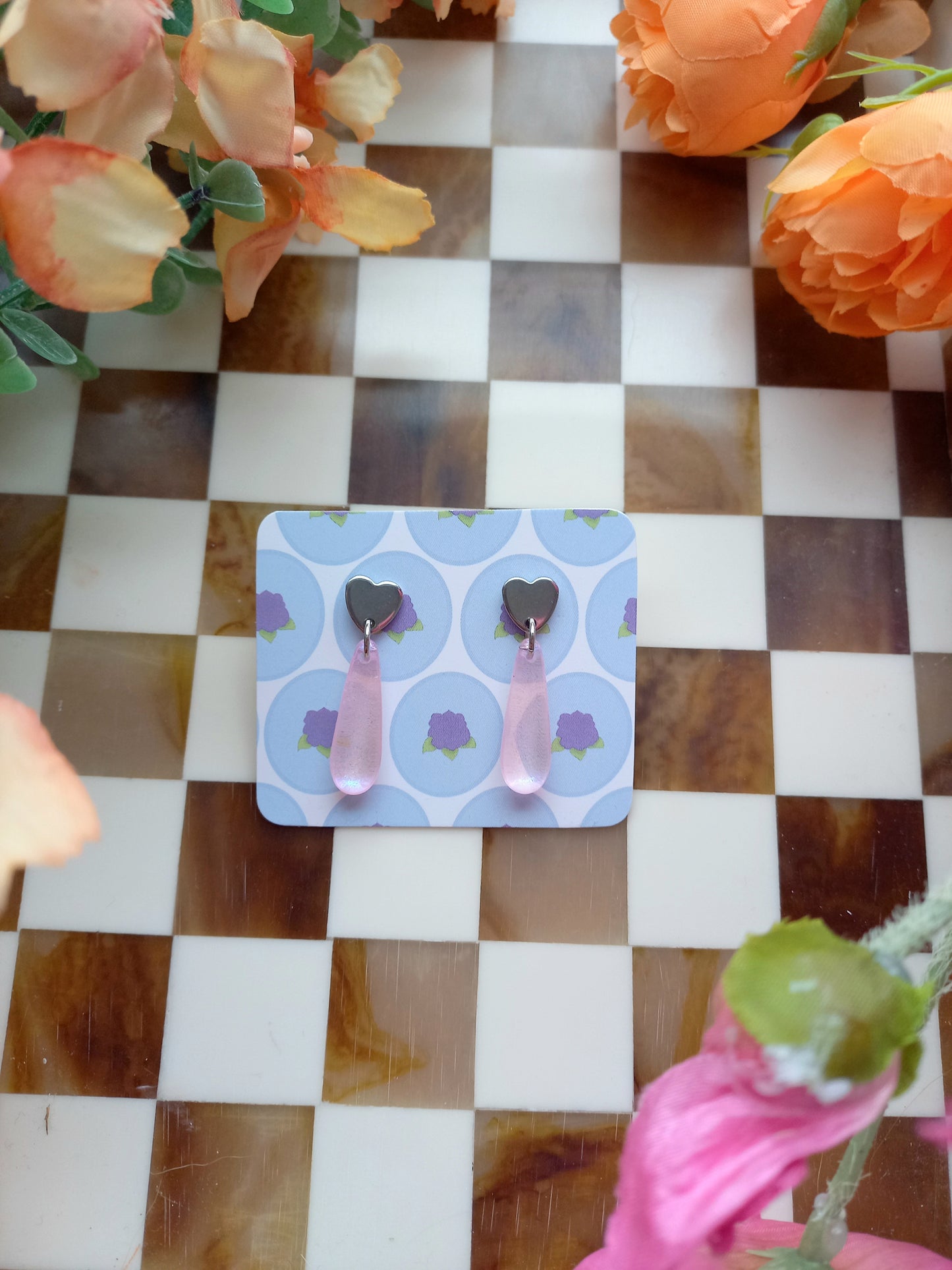 Heart Stud Pink Glass Drop Earrings