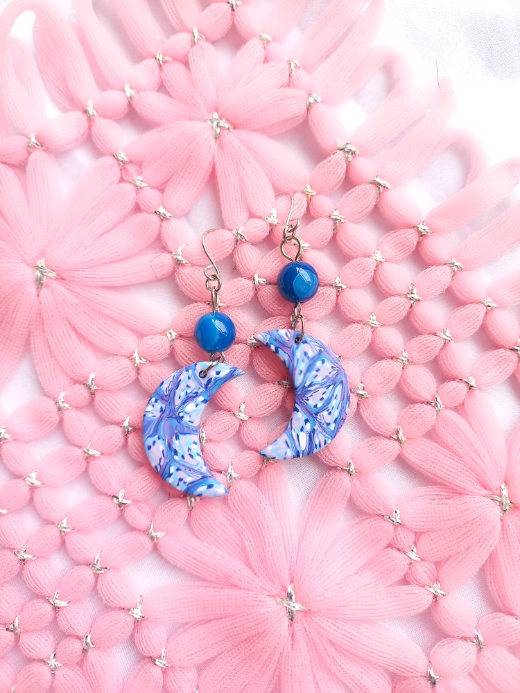 Blue Marbled Moon & Blue Agate Earrings | Blue Marbled Collection
