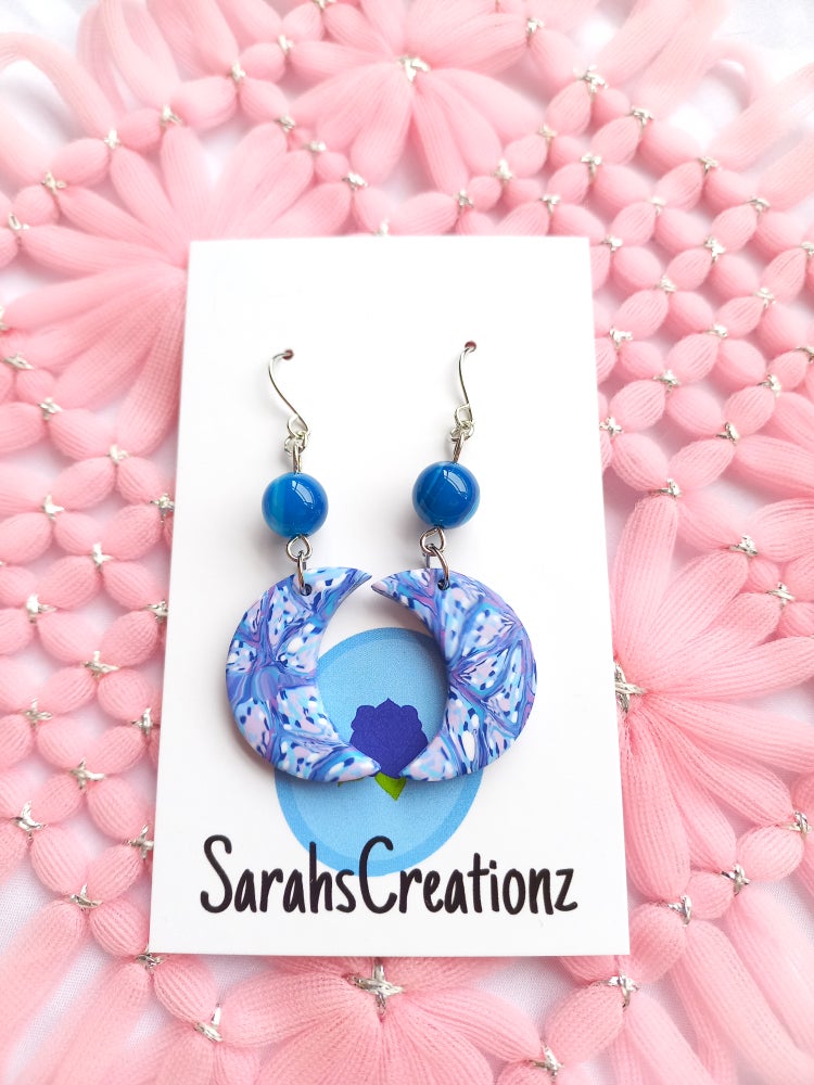 Blue Marbled Moon & Blue Agate Earrings | Blue Marbled Collection