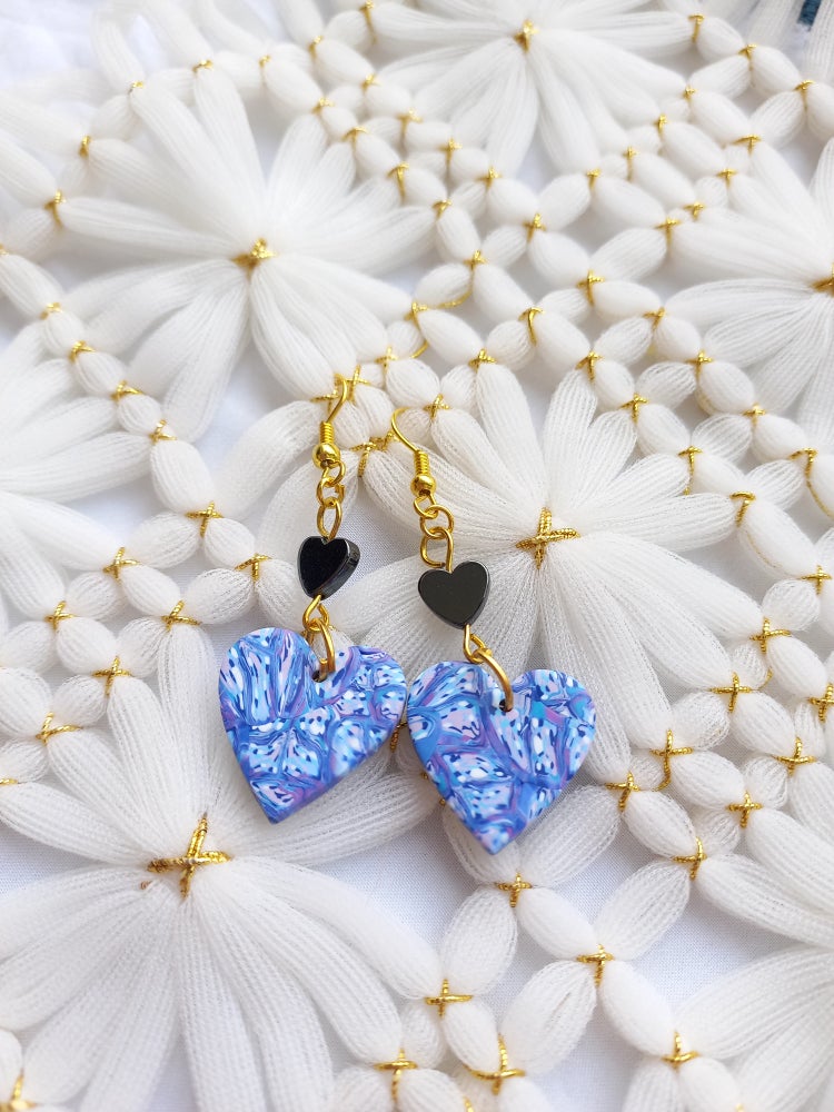 Blue & Purple Marbled Heart Hematite Earrings | Blue Marbled Collection