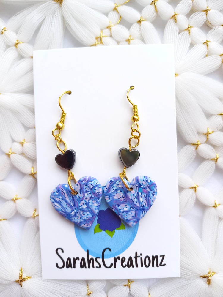 Blue & Purple Marbled Heart Hematite Earrings | Blue Marbled Collection