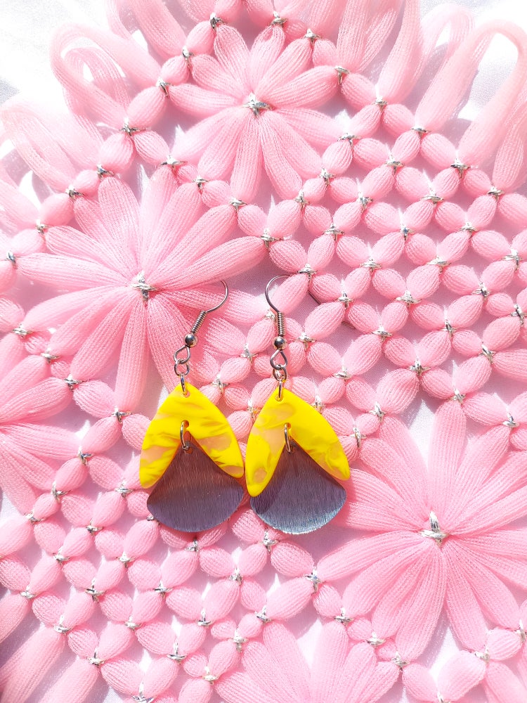 Yellow Marbled Botanical Drop Silver Earrings | Marbled Collection