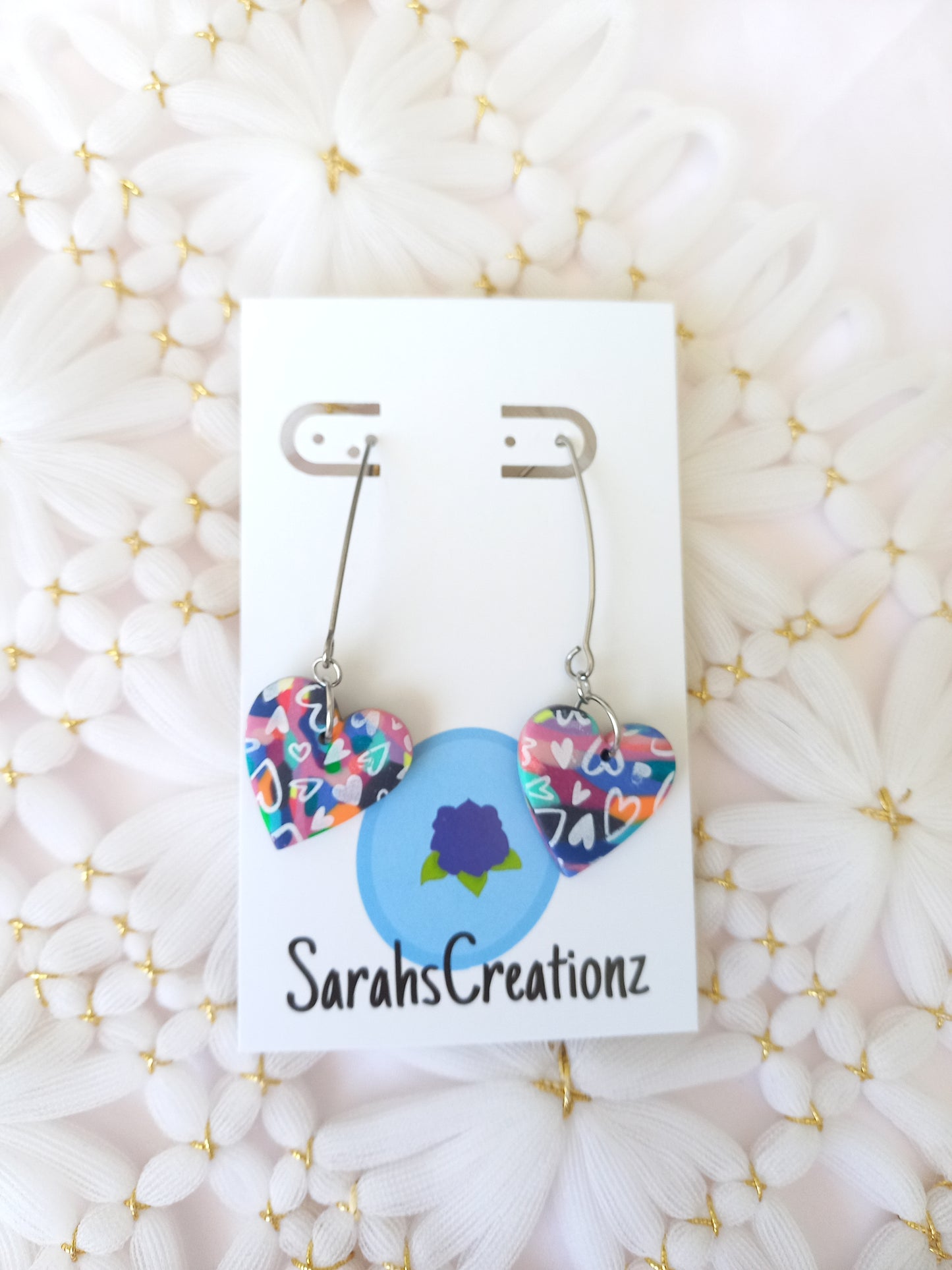 Long drop multi-coloured heart earrings | Love Collection