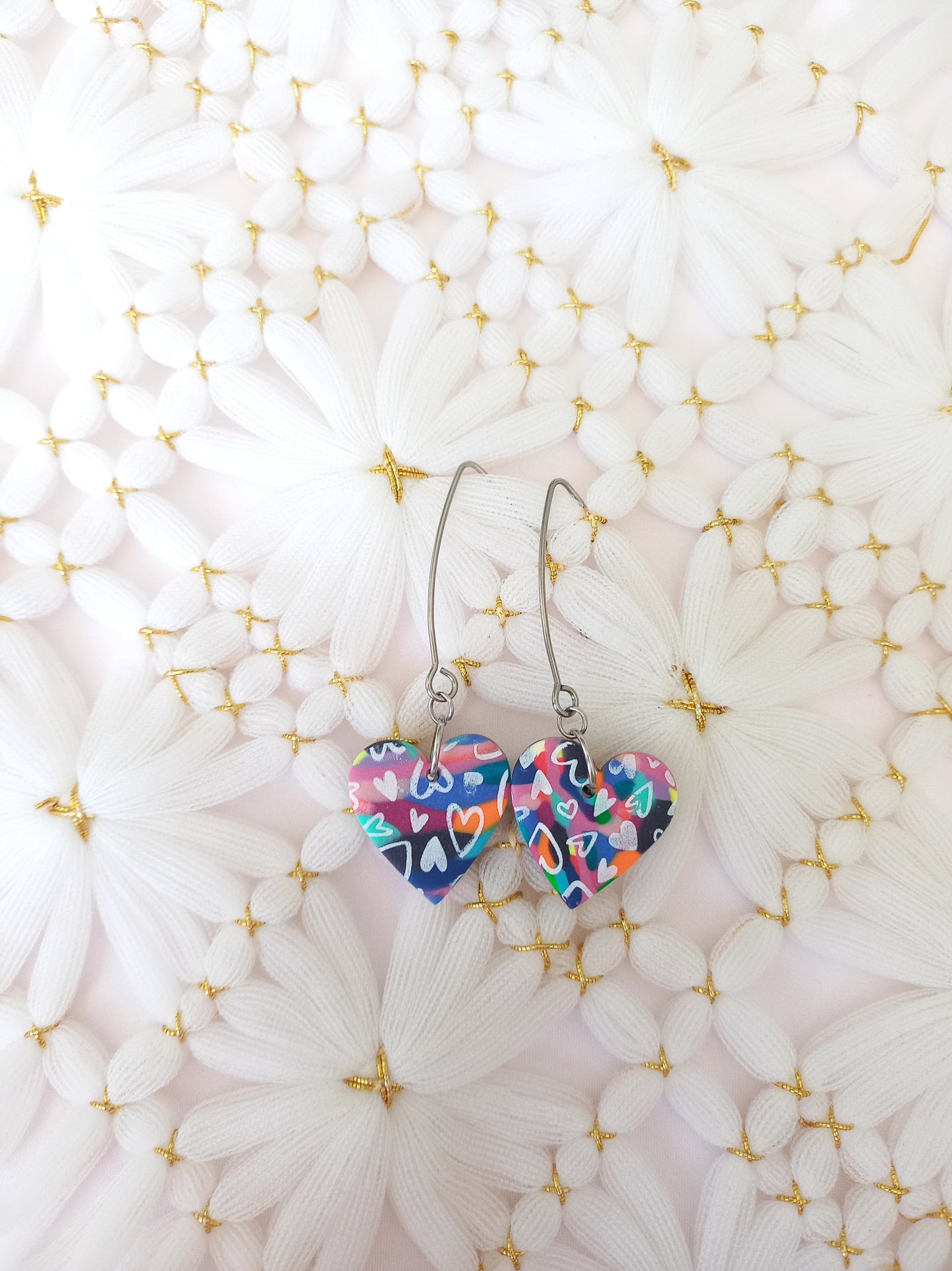 Long drop multi-coloured heart earrings | Love Collection