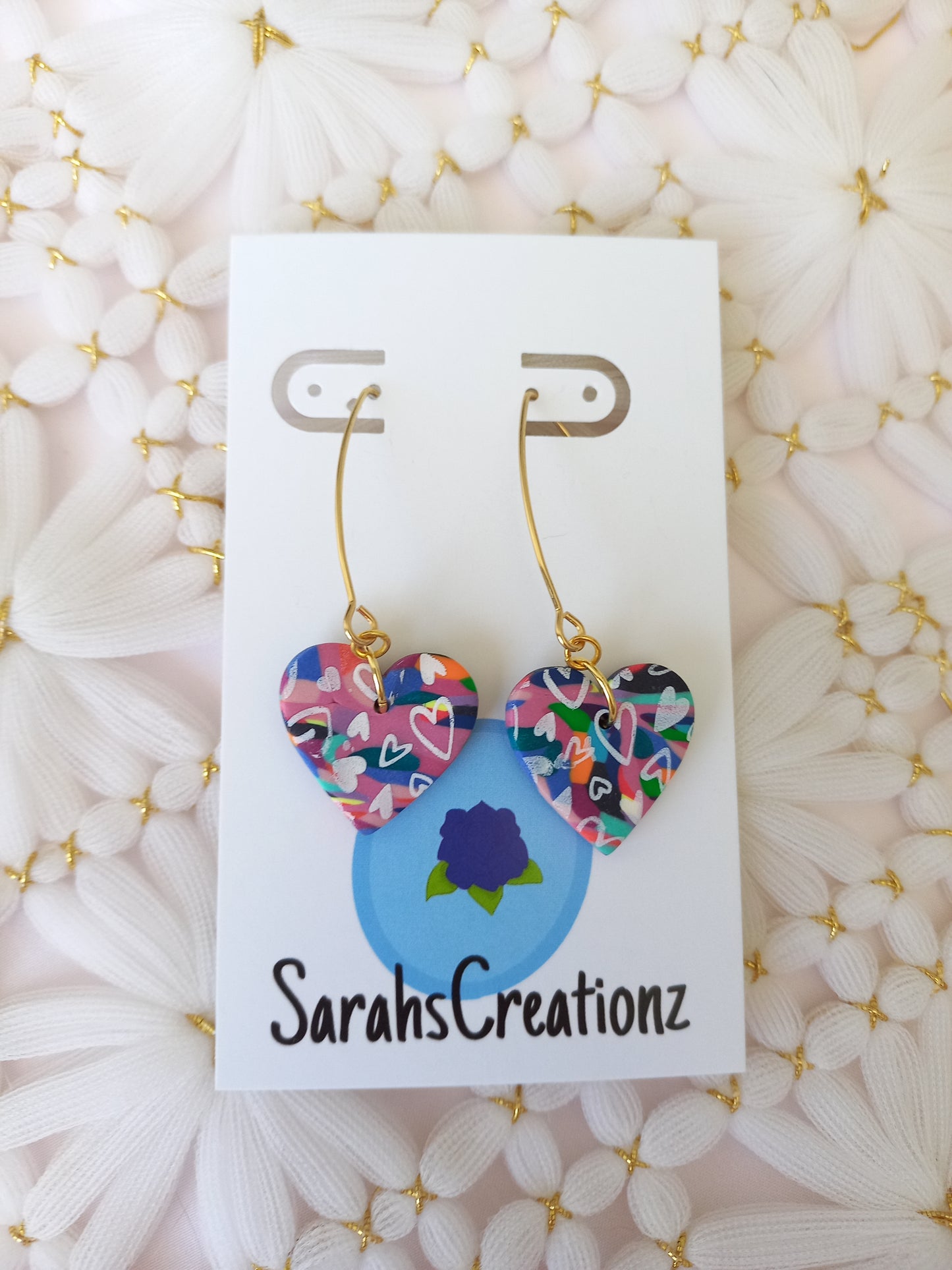 Long drop multi-coloured heart earrings | Love Collection