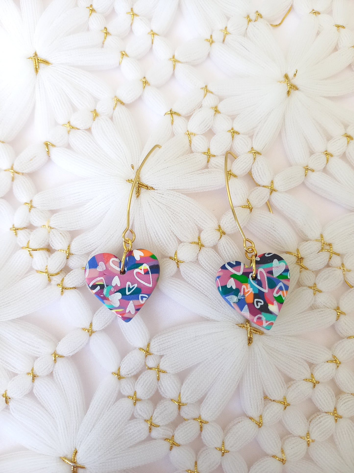 Long drop multi-coloured heart earrings | Love Collection